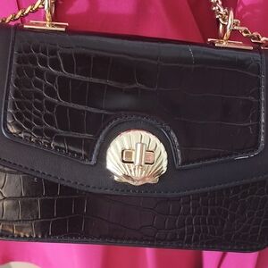 Topshop Black Croc-Embossed Shoulder Bag with Gold Hardware